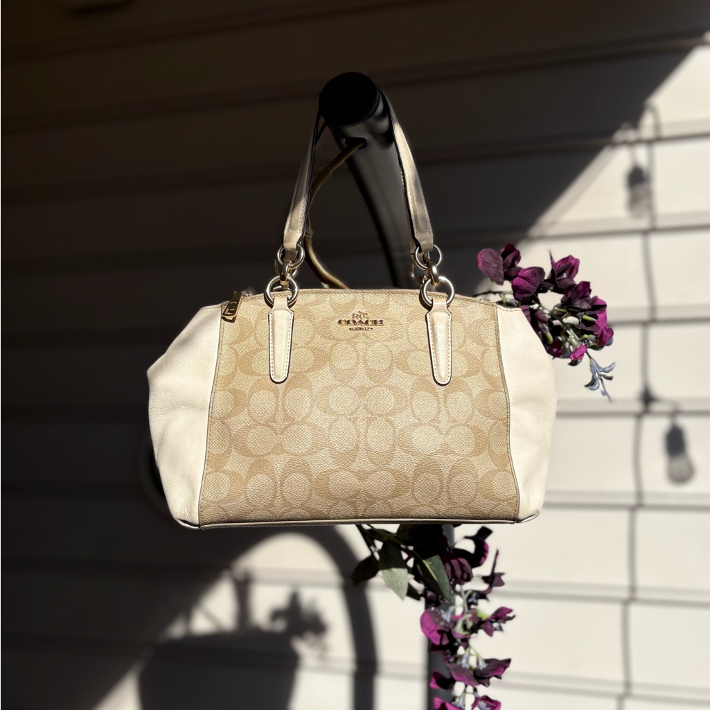 Coach Beige Canvas Signature Satchel With Cream Trim